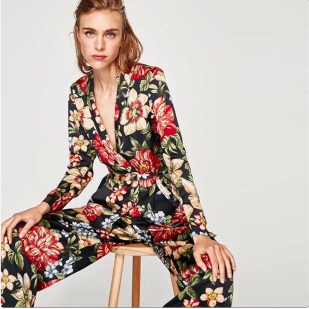 Zara Basic Tropical Open Front Blazer w/Tie